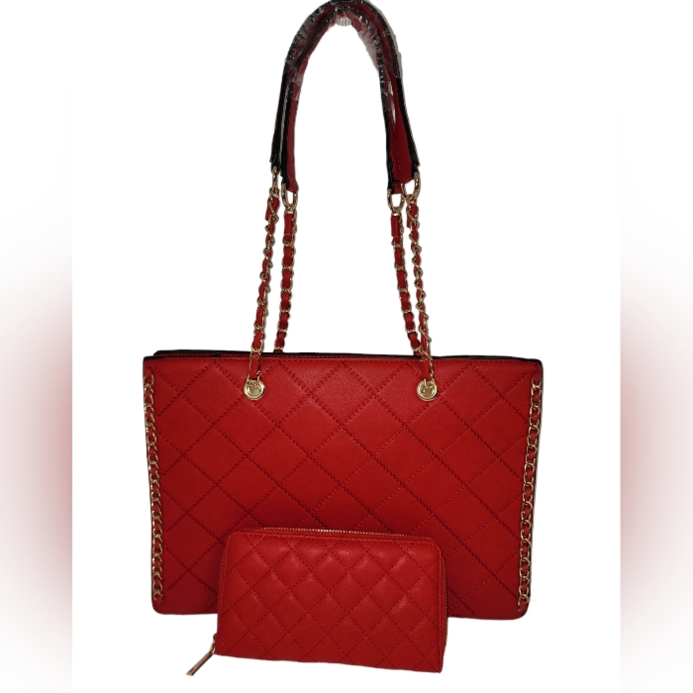 Diophy 2-N-1 Vegan Red Leather Purse with Matching Wallet